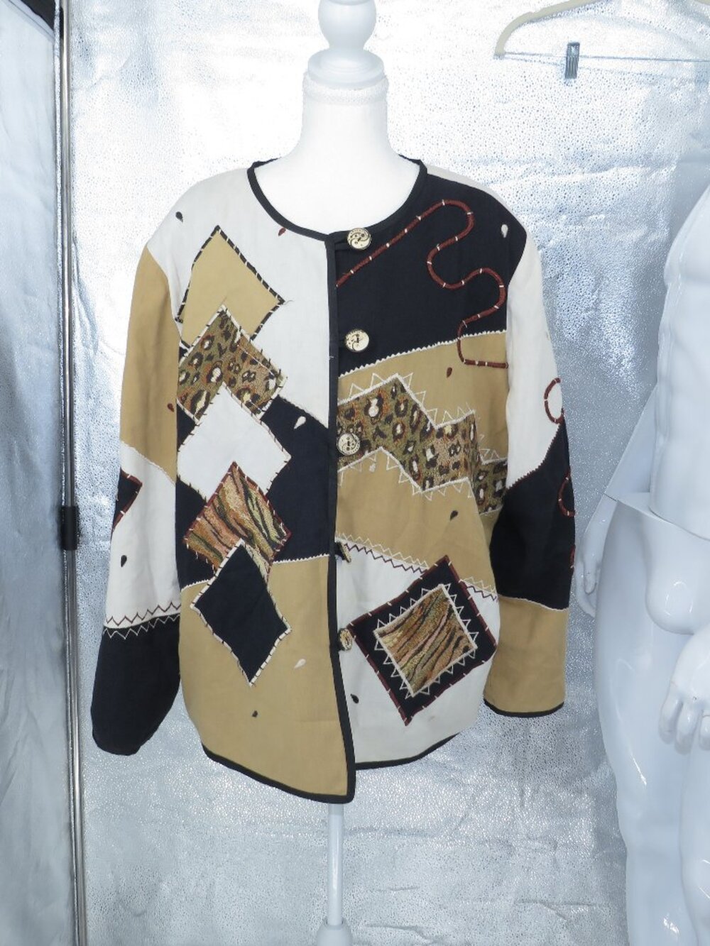 VINTAGE PATCHWORK ART TO WEAR JACKET Womens 1X Black Beige Animal Print Allure